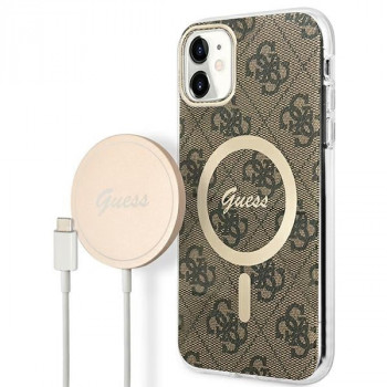 Guess GUBPN61H4EACSW Hülle + kabelloses Ladegerät für Apple iPhone 11, 4G Print, braune Hardcase, MagSafe