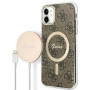 Guess GUBPN61H4EACSW Hülle + kabelloses Ladegerät für Apple iPhone 11, 4G Print, braune Hardcase, MagSafe