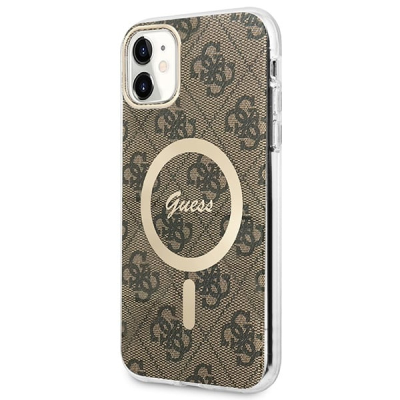 Guess GUBPN61H4EACSW Hülle + kabelloses Ladegerät für Apple iPhone 11, 4G Print, braune Hardcase, MagSafe