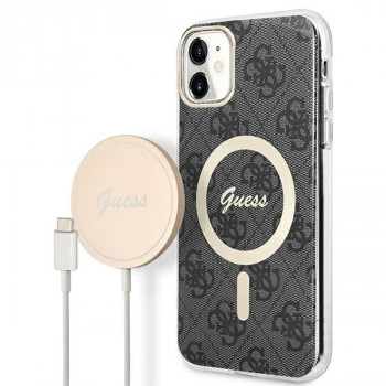 Guess GUBPN61H4EACSK Hülle + kabelloses Ladegerät für Apple iPhone 11, 4G Print, schwarze Hardcase, MagSafe