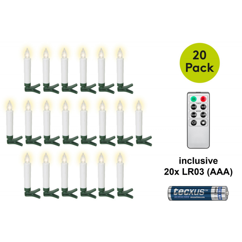 Goobay 75258 Kabellose LED-Weihnachtsbaumkerzen (20 Stk.), inkl. 20x AAA (LR03), Clips, Fernbedienung, Timer, dimmbar, warmweiß (2600 K)