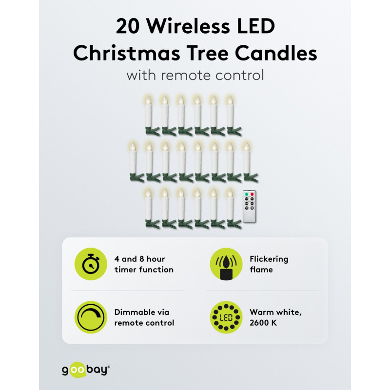 Goobay 75258 Kabellose LED-Weihnachtsbaumkerzen (20 Stk.), inkl. 20x AAA (LR03), Clips, Fernbedienung, Timer, dimmbar, warmweiß (2600 K)