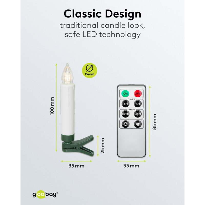 Goobay 75258 Kabellose LED-Weihnachtsbaumkerzen (20 Stk.), inkl. 20x AAA (LR03), Clips, Fernbedienung, Timer, dimmbar, warmweiß (2600 K)