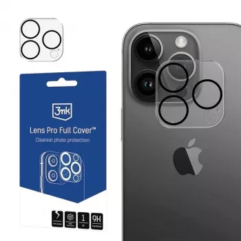 3MK Lens Pro Full Cover Kameralinsen-Schutz aus gehärtetem Glas für iPhone 14 Pro / 14 Pro Max mit Aluminiumrahmen und Montagerahmen (1 Stück, Schwarz)