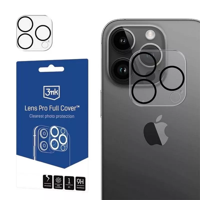 3MK Lens Pro Full Cover Kameralinsen-Schutz aus gehärtetem Glas für iPhone 14 Pro / 14 Pro Max mit Aluminiumrahmen und Montagerahmen (1 Stück, Schwarz)