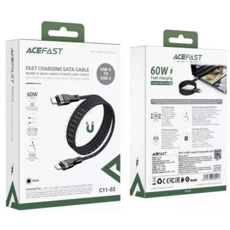 Acefast C11-03 3in1 USB-C auf USB-C Kabel 100W 480Mbps 1,2m Schwarz