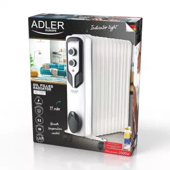 Adler AD 7817 Ölradiator, 11 Rippen, 2500W, 3 Heizstufen, einstellbarer Thermostat, Überhitzungs- und Kippschutz, Räder und Griff, Schwarz