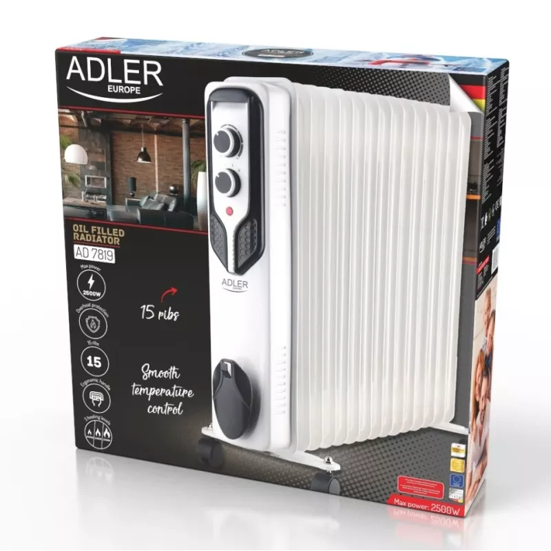 Adler AD 7819 Ölradiator, 2000W, 9 Rippen, 3 Heizstufen, einstellbarer Thermostat, Überhitzungsschutz, integrierte Rollen, Weiß/Grau