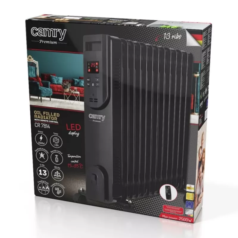 Adler Camry CR 7814 Ölradiator mit Fernbedienung, 2500 W, 3 Heizstufen, 11 Rippen, digitaler Thermostat, 24-Stunden-Timer, LED-Anzeige, Überhitzungs- und Kippschutz, Schwarz
