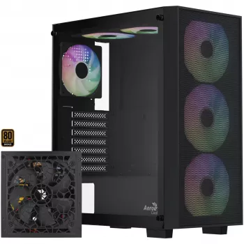 Aerocool B509A Flow-G-BK-v1 Mid Tower PC-Gehäuse mit 650W Netzteil, gehärtetem Glas, Schwarz