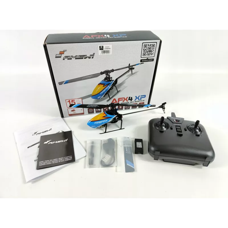 Amewi AFX4 XP ferngesteuerter Hubschrauber RTF 2,4GHz 6-Kanal mit 6-Achsen-Gyro, bürstenloser Hauptmotor, Höhenhaltung, LiPo 7,4V 700mAh, Blau/Schwarz