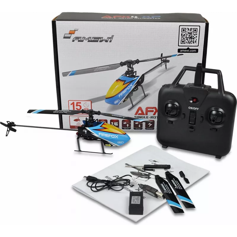 Amewi AFX4 XP ferngesteuerter Hubschrauber RTF 2,4GHz 6-Kanal mit 6-Achsen-Gyro, bürstenloser Hauptmotor, Höhenhaltung, LiPo 7,4V 700mAh, Blau/Schwarz