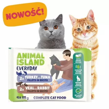 ANIMAL ISLAND Kalb / Kaninchen & Truthahn / Thunfischfilets in Brühe Nassfutter für Katzen, 4 x 85 g Beutel, getreidefrei, ausgewachsen