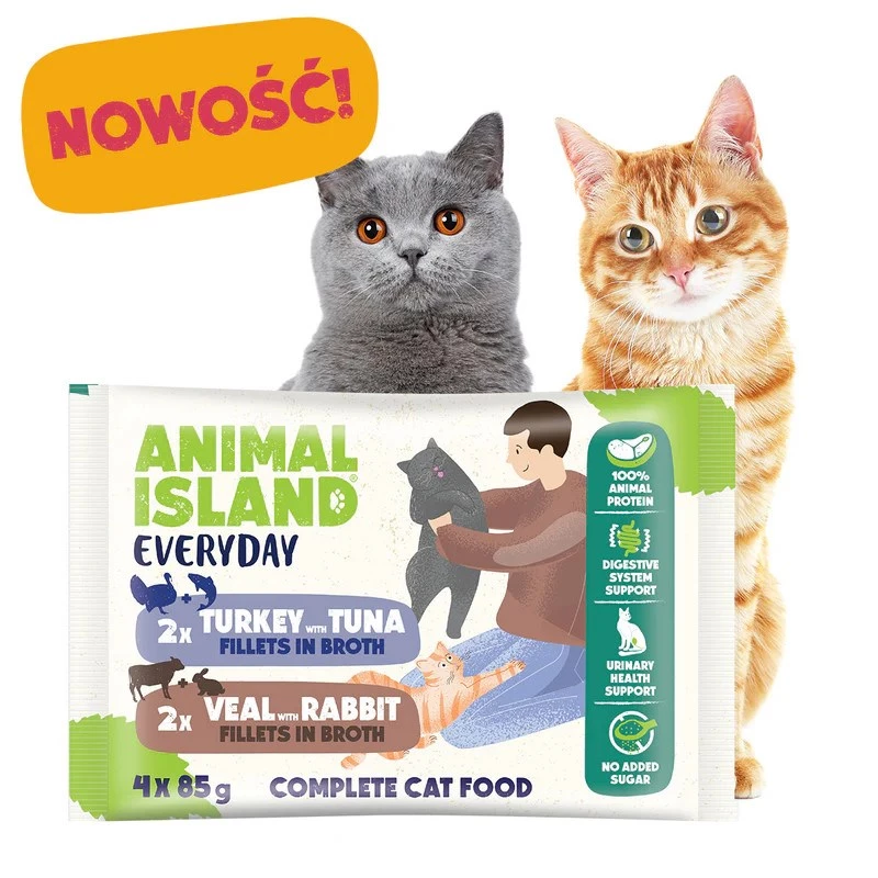 ANIMAL ISLAND Kalb / Kaninchen & Truthahn / Thunfischfilets in Brühe Nassfutter für Katzen, 4 x 85 g Beutel, getreidefrei, ausgewachsen