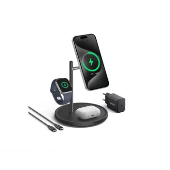 Anker MagGo B25M3312 3-in-1 Qi2-Ladestation, 15 W fürs Smartphone, Schwarz
