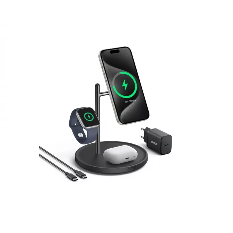 Anker MagGo B25M3312 3-in-1 Qi2-Ladestation, 15 W fürs Smartphone, Schwarz