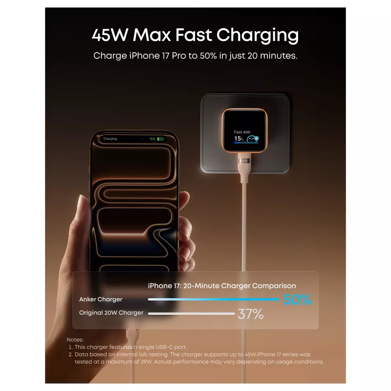 Anker Nano Charger 45W GaN USB-C Charger mit ActiveShield 5.0, Touch-Sensor, SmartDisplay, iPhone-Erkennung, Orange