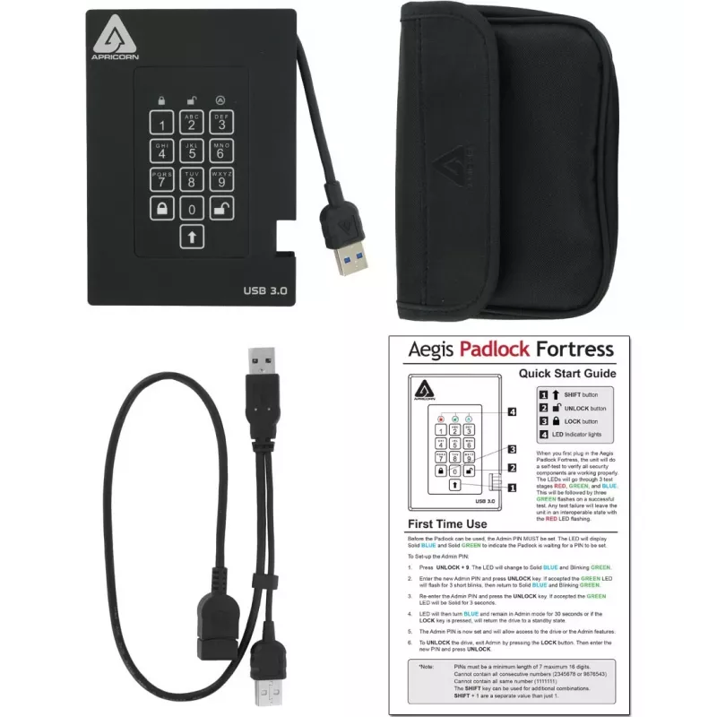 Apricorn Aegis Padlock Fortress A25-3PL256-500F Externe Festplatte - 500GB - USB 3.2 Gen 1 - AES 256-bit Hardware-Verschlüsselung - Schwarz