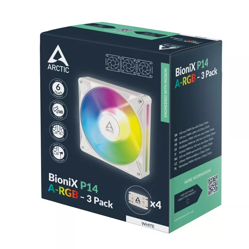 Arctic BioniX P14 A-RGB (Weiß) 3er-Pack | 140-mm-PWM-Gehäuselüfter mit A-RGB-Beleuchtung, 400–2500 U/min