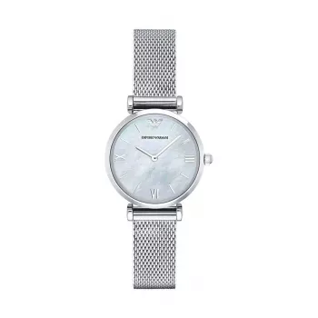 Armani AR1955 Damen-Quarzuhr 32mm Edelstahlgehäuse Weißes Zifferblatt Braunes Lederarmband