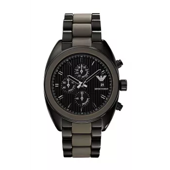 ARMANI AR5953 Herren Quarz-Chronograph Uhr 43mm Schwarzes Zifferblatt Edelstahl mit Silikon-Wickelarmband