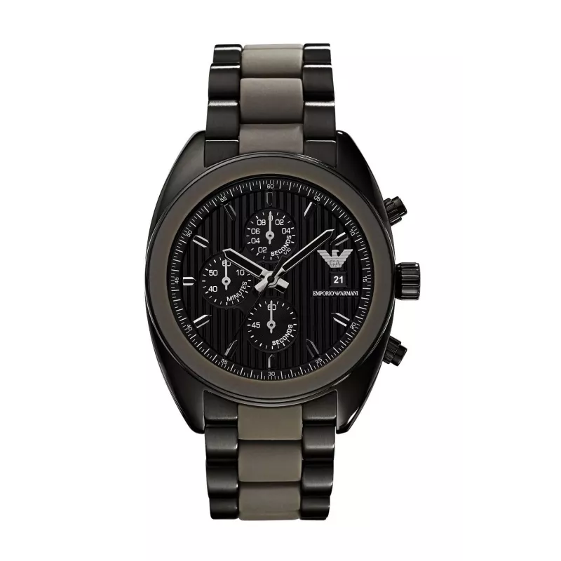 ARMANI AR5953 Herren-Quarz-Chronograph-Uhr 43mm schwarzes Zifferblatt Edelstahl mit Silikon-Wrap-Armband