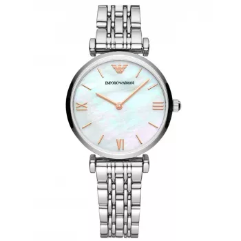 ARMANI Damenuhr AR90004L Quarz Analog Uhr 32 mm Roségoldfarbenes Edelstahlgehäuse Braunes Lederarmband
