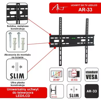 ART AR-33 Feststehende Wandhalterung für 26-60 Zoll LCD/LED-Fernseher, 45 kg, VESA 400x400, Schlankes 24-mm-Profil, Schwarz