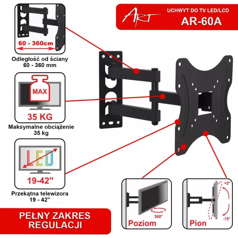 ART AR-60A Full Motion TV-Wandhalterung für 19-42 Zoll LED/LCD-Bildschirme, 35 kg, Schwarz