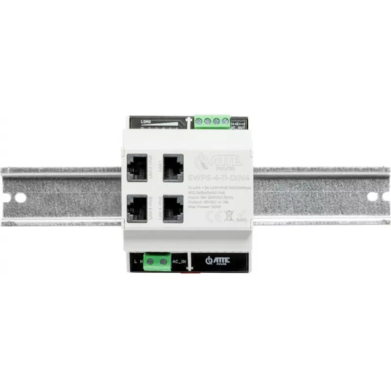 ATTE SWPS-4-11-DIN4 Industrial 4-Port PoE+ Switch mit integriertem Netzteil, Hutschienenmontage, 60W Budget