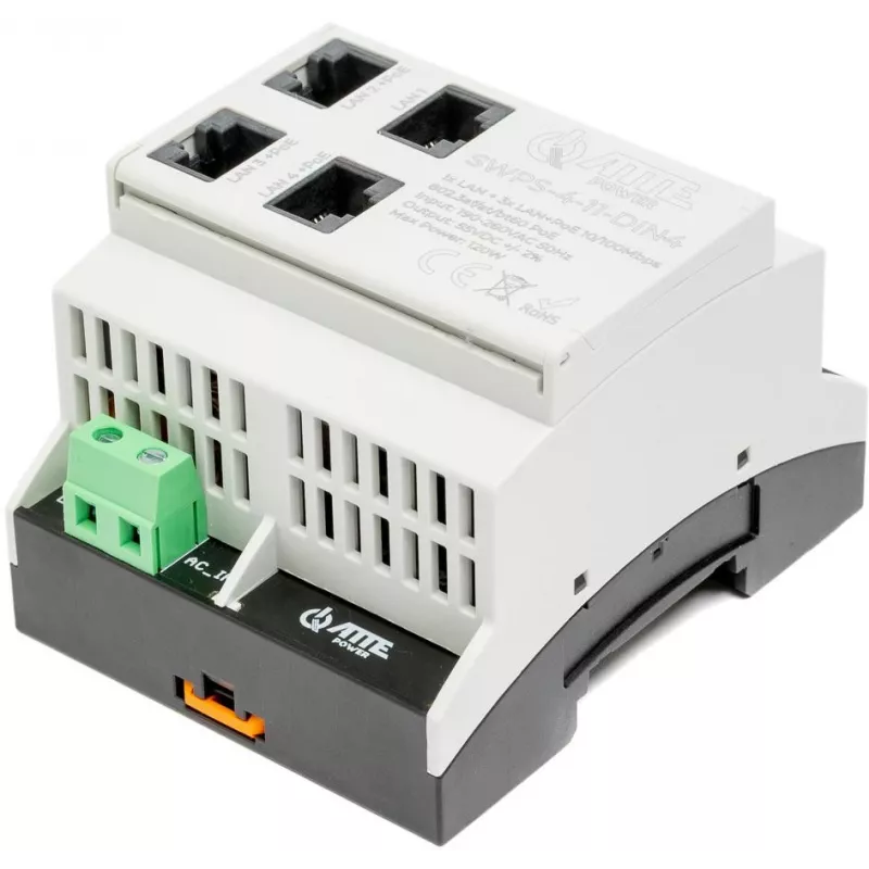 ATTE SWPS-4-11-DIN4 Industrial 4-Port PoE+ Switch mit integriertem Netzteil, Hutschienenmontage, 60W Budget