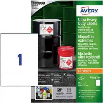 Avery Zweckform B4775-50 A4 weiße Polyethylen-Folienetiketten, Permanentkleber, Laser/Kopierer, 50 Etiketten, 210 x 297 mm