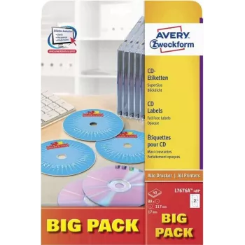 Avery Zweckform L7676A-40P CD/DVD-Etiketten, Ø 117 mm, weiß, 40 Blatt / 80 Etiketten, A4, Inkjet & Laser