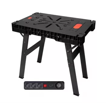 AWTOOLS Klappbarer Werkstatttisch mit Steckdosenleiste, Schnellmontage, 1000x600x750 mm, 150 kg Tragfähigkeit, schwarzer Rahmen, naturbelassene Holzplatte