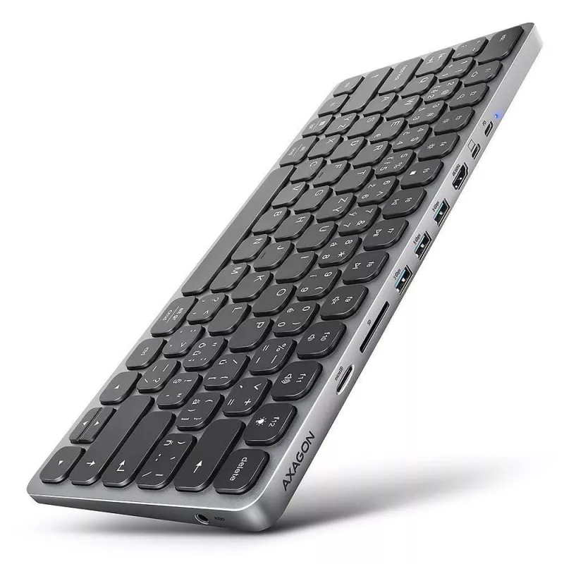 AXAGON HMC-KB-US USB-C Tastatur mit 9-in-1 Hub, US QWERTY, 4K HDMI, Gigabit LAN, Kartenleser, 0,6 m