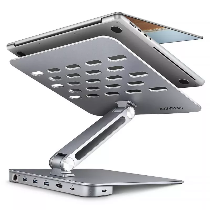 AXAGON HMC-STND Notebook-Ständer 10-16 Zoll mit 7-in-1 USB-C-Hub, 4K HDMI, 100W PD, Gigabit Ethernet, SD-Kartenleser – Silber
