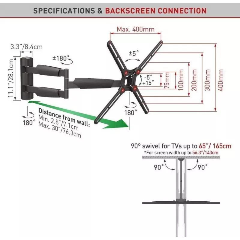 BARKAN BM343XL Vollbeweglicher TV-Wandhalter für 13-65 inch TVs, 4 Scharniere, Auslegerarm, Schwarz