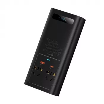 Baseus Car Power Inverter IGBT 300W/220V mit zwei EU-Steckdosen, USB-C PD, USB-A QC, Batterieklemmen und Zigarettenanzünderkabel, Schwarz (CGNB010101)