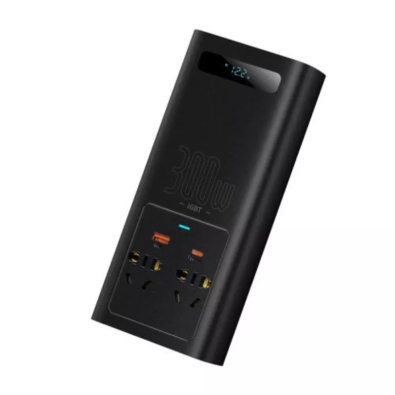 Baseus Car Power Inverter IGBT 300W/220V mit zwei EU-Steckdosen, USB-C PD, USB-A QC, Batterieklemmen und Zigarettenanzünderkabel, Schwarz (CGNB010101)