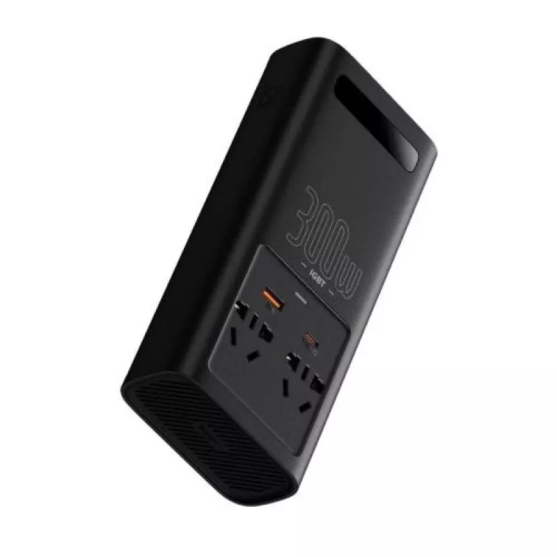 Baseus Car Power Inverter IGBT 300W/220V mit zwei EU-Steckdosen, USB-C PD, USB-A QC, Batterieklemmen und Zigarettenanzünderkabel, Schwarz (CGNB010101)