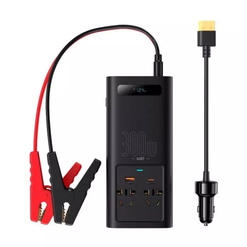 Baseus Car Power Inverter IGBT 300W/220V mit zwei EU-Steckdosen, USB-C PD, USB-A QC, Batterieklemmen und Zigarettenanzünderkabel, Schwarz (CGNB010101)
