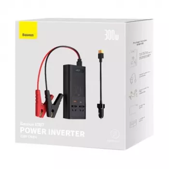Baseus Car Power Inverter IGBT 300W/220V mit zwei EU-Steckdosen, USB-C PD, USB-A QC, Batterieklemmen und Zigarettenanzünderkabel, Schwarz (CGNB010101)