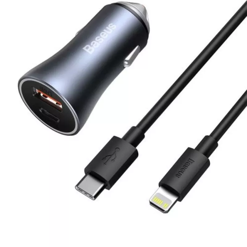 Baseus Golden Contactor Pro Dual Quick Car Charger 40W USB-C + USB-A PD 3.0 QC 4+ SCP FCP AFC mit Type-C auf Lightning Kabel 1m Schwarz Dunkelgrau