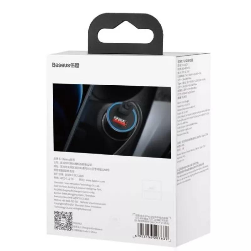 Baseus Golden Contactor Pro Dual Quick Car Charger 40W USB-C + USB-A PD 3.0 QC 4+ SCP FCP AFC mit Type-C auf Lightning Kabel 1m Schwarz Dunkelgrau