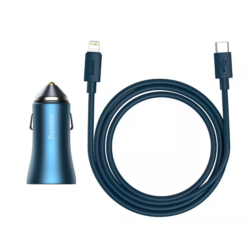 Baseus Golden Contactor Pro Dual Quick Car Charger 40W mit USB-C auf Lightning Kabel 1m Blau