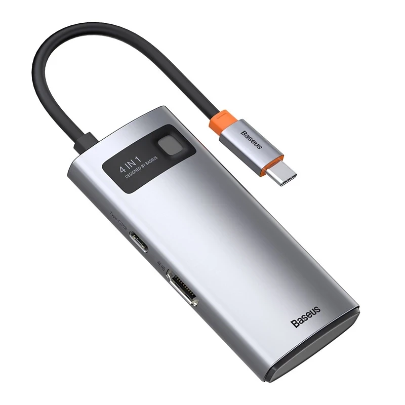 Baseus Metal Gleam Series 4-in-1 USB-C Hub, USB 3.0 + USB 2.0 + HDMI + USB-C PD, Silber
