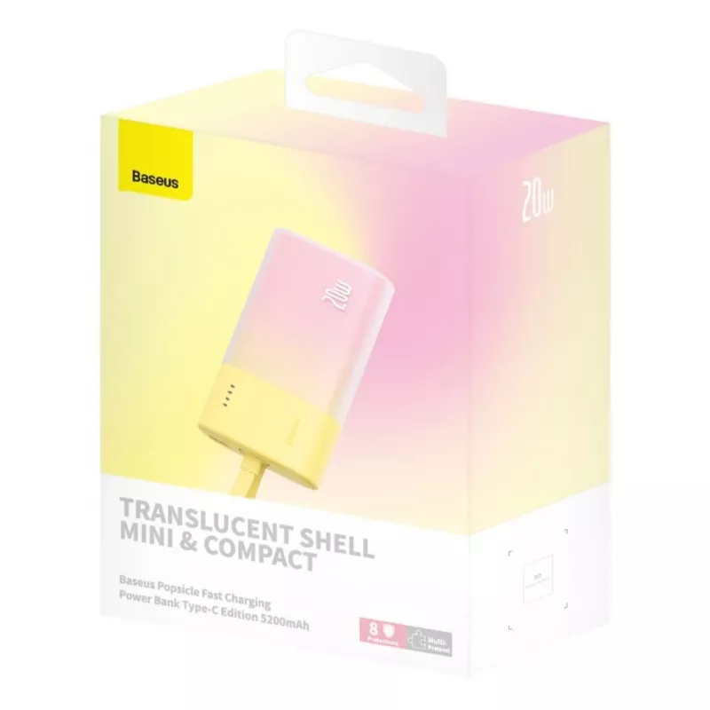 Baseus Popsicle 5200mAh 20W Powerbank mit integriertem Lightning-Kabel und weißem Baseus Simple USB-C auf USB-C 60W 30cm Kabel - Gelb-Pink
