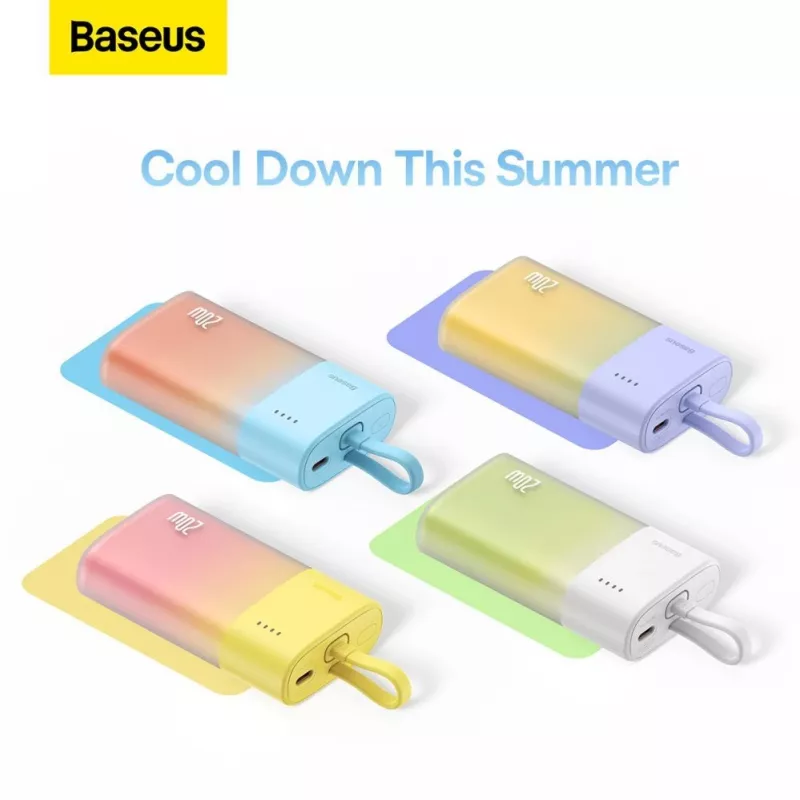 Baseus Popsicle 5200mAh 20W Powerbank mit integriertem Lightning-Kabel und weißem Baseus Simple USB-C auf USB-C 60W 30cm Kabel - Gelb-Pink