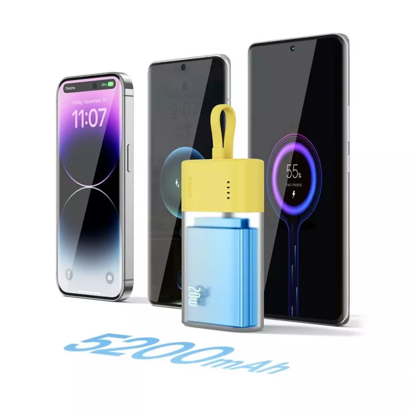 Baseus Popsicle 5200mAh 20W Powerbank mit integriertem Lightning-Kabel und weißem Baseus Simple USB-C auf USB-C 60W 30cm Kabel - Gelb-Pink