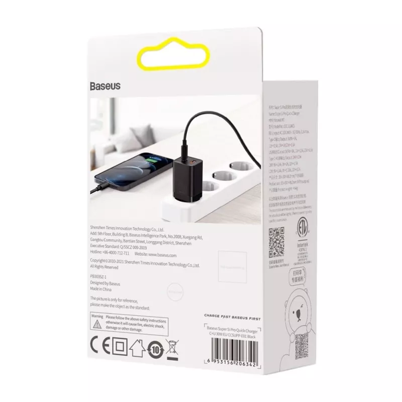 Baseus Super Si Pro Mini Fast Charger 30W, USB-C + USB-A, PD 3.0, QC 3.0, EU Plug, Black (CCSUPP-E01)